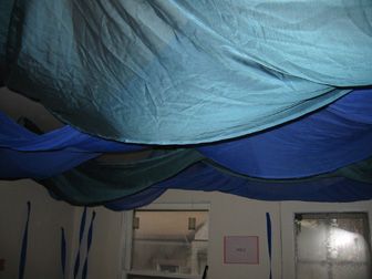 Fabric beach theme for basement ceiling